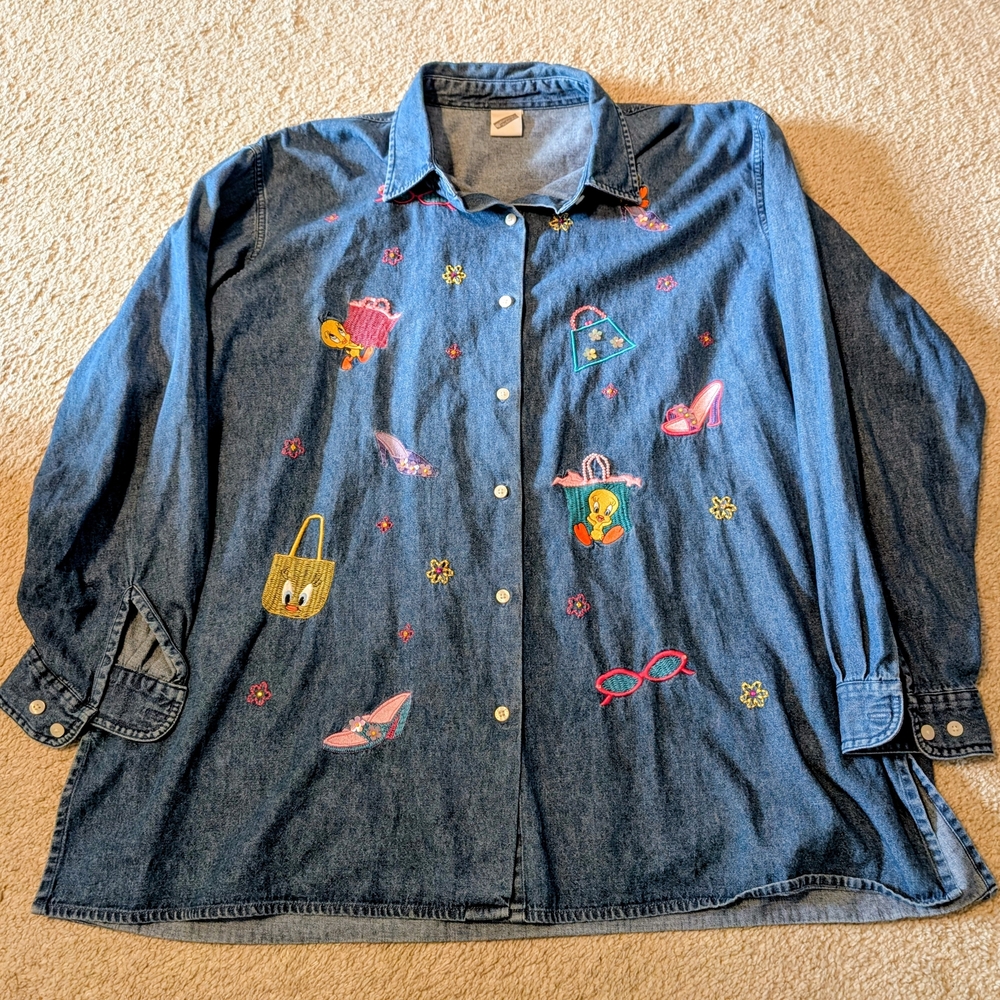 Warner Brothers Studio Store Tweety Bird Denim Shirt With Beads And Embroidery.